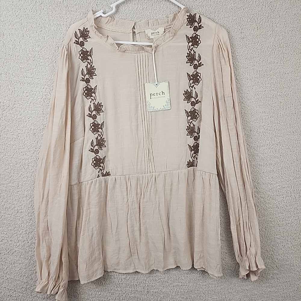 Women's Cream Top with Brown Embroidery